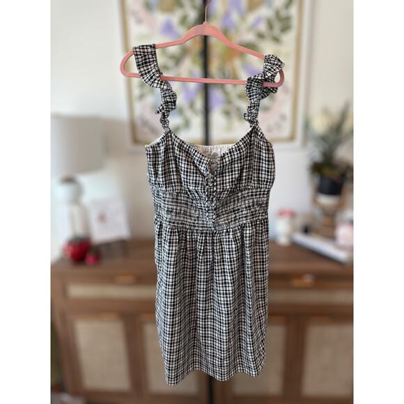 NWT Wayf Smocked Waist Gingham Checkered Ruffle Mini Dress Black Womens Size XL - Picture 8 of 9